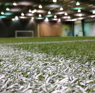 An indoor sports facility with artificial turf and overhead lighting. The focus is on the white boundary line on the field, and a soccer goal is visible in the distance. The lighting creates a well-illuminated environment with shadows cast on the turf.