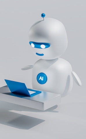 A small, round robot with a smooth white surface and blue accents operates a blue laptop on a sleek, floating platform. The robot has glowing eyes and an antenna on its head, with an 'AI' emblem on its front.