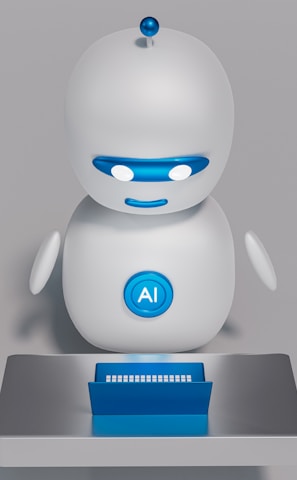 A small, white humanoid robot with blue accents, including eyes, mouth, and a circular badge with the letters 'AI' on its chest, is positioned in front of a blue laptop on a metallic surface. The robot has a simple, smooth design with two cylindrical arms and a small antenna on top.