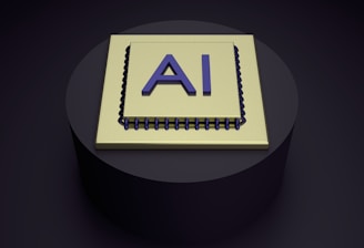 A 3D rendering of a microchip with the letters 'AI' prominently displayed on its surface, set on a dark, circular platform.