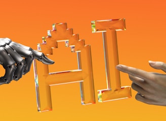 A metallic robotic hand and a human hand point towards each other at the center. Between them, there is a stylized, crystal-like representation of the letters 'AI'. The background is a gradient of orange shades.