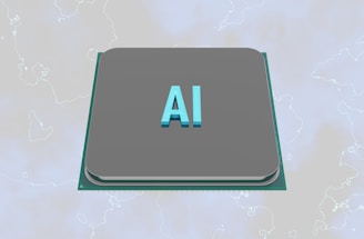 A grey processor chip with the letters 'AI' prominently displayed in blue, set against a subtle background with faint outlines of a map.