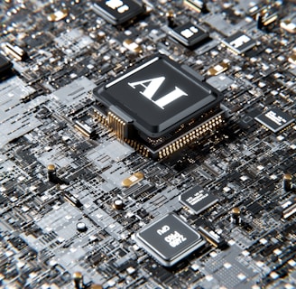 A close-up view of a computer motherboard with a prominent microchip labeled 'AI' at the center. The board is densely populated with circuits, capacitors, and other electronic components in various shades of gray, black, and gold.