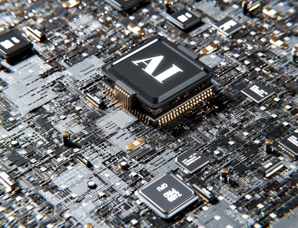 A close-up view of a computer motherboard with a prominent microchip labeled 'AI' at the center. The board is densely populated with circuits, capacitors, and other electronic components in various shades of gray, black, and gold.